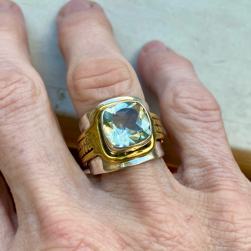 Green amethyst sterling silver and brass ring